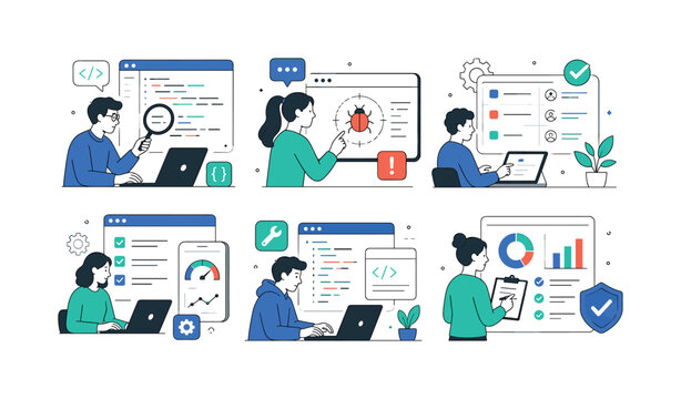 Software Troubleshooting Process, clean editorial illustration set of 6 separate mini scenes in a 3x2 layout showing code analysis, bug detection, issue management, system testing, defect fixing and