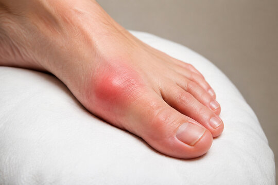 Swollen big toe joint on white cushion, gout and inflammation concept