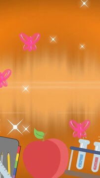 Multiple school items over pink balloons and shining stars with copy space on orange background