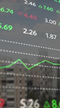 Animation of multicolored trading board over modern cityscape against cloudy sky