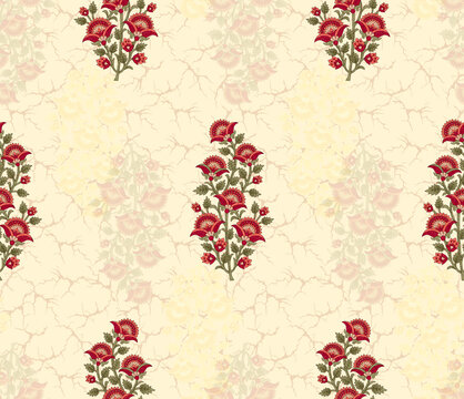 This image features a refined, seamless block-print textile pattern set against a warm, light cream background with a subtle, cracked marble-like texture. It showcases spaced-out, traditional florals