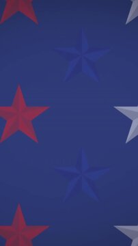 Animation of red and white stars icons in seamless pattern against copy space on blue background