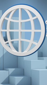 Animation of multiple web globe icons floating over 3d city structure against blue background