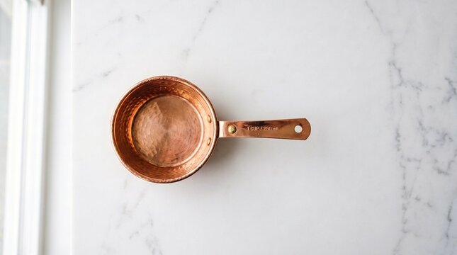 Copper measuring cup on white marble surface, top down view of kitchen utensil.