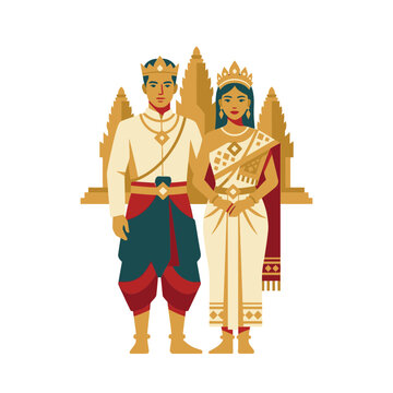 Southeast Asian Couple in Traditional Khmer Royal Wedding Attire with Temple Background