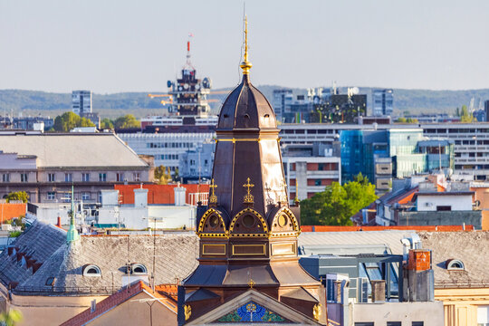 Panoramic view of Zagreb city center with towers, domes and historic red roofs, Croatia