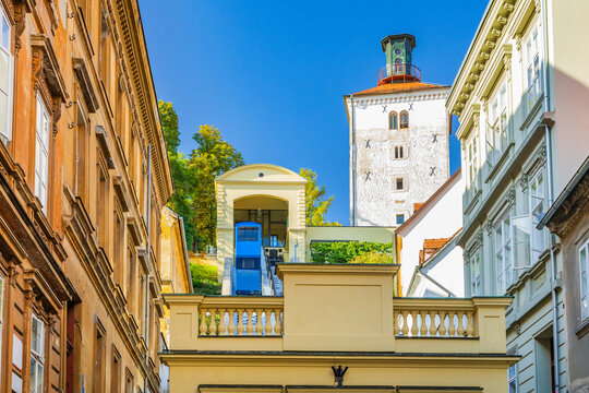 Historic Zagreb Funicular Railway and medieval Lotrscak tower in Upper Town, Zagreb, Croatia 