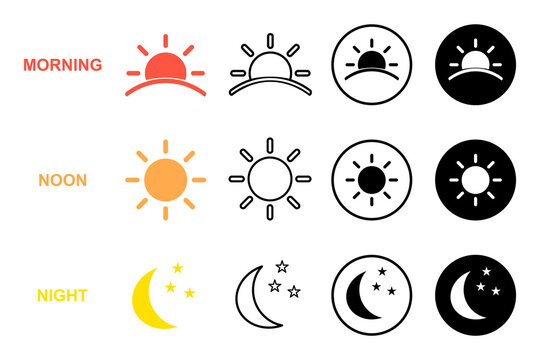 Time of the day simple icons set. Morning, noon, and night icons. Element for design isolated on white background, for web and app. Flat vector illustration