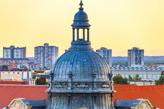 Panoramic view of Zagreb city center with towers, domes and historic red roofs, Croatia