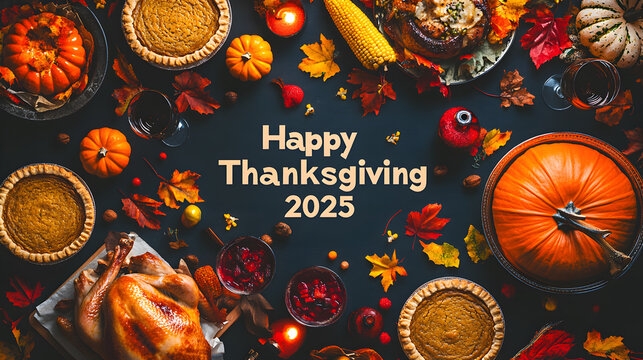 Festive thanksgiving 2025 holiday dinner table featuring roasted turkey pumpkin pies and autumn leaves on a dark background