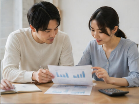住宅ローン,住宅ローン金利,金利,金利上昇,共働き夫婦,日本人夫婦,夫婦,共働き,住宅ローン相談,ローン相談,住宅購入,マイホーム,住宅資金,融資,借入,返済,返済計画,返済額,変動金利,固定金利,利上げ,頭金,住宅ローン審査,ペアローン,収入合算,銀行,金融機関,銀行員,金融相談,資金計画,家計,家計管理,生活費,収入,支出,貯金,ライフプラン,将来設計,相談,話し合い,書類,資料,電卓,パソコ