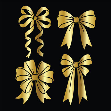 Luxury Gold Ribbon Bows Collection | Premium Decorative Gift Ribbon Knots Vector Elements on Black Background