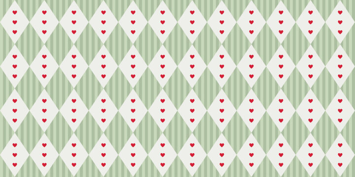 Pastel green argyle seamless pattern with red hearts. Geometric diamond shaped background. Rhombus holiday print for textile, fabric and wrapping paper. Vector illustration