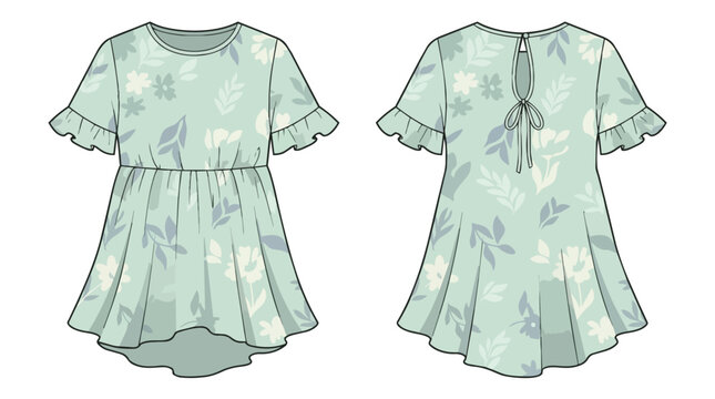 Women's Floral Print Summer Blouse Technical Flat Sketch with Ruffle Sleeves and Elastic Waist Tunic Top