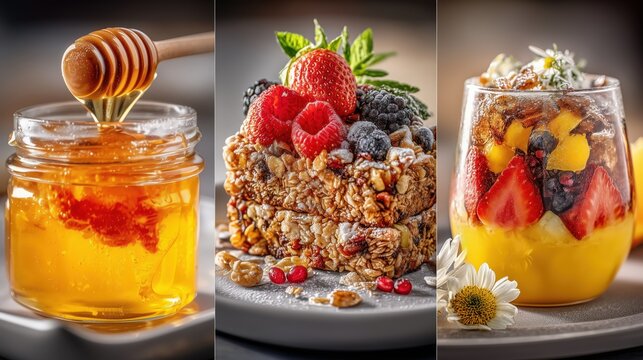 photo collage of muesli, honey jar, dessert glass