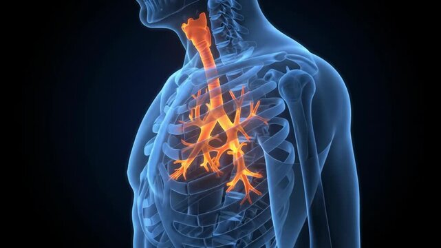 3D rendering of the human respiratory system highlighting the bronchi and trachea within a translucent body.
