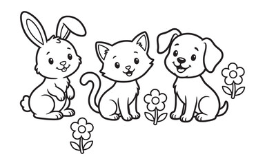 Fototapeta premium Cute Animals Coloring Page with Rabbit Cat and Dog, linear vector illustration for children educational activity