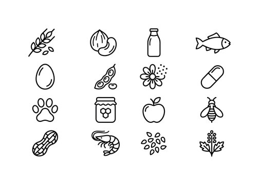 Food Allergen Symbols, line icon set featuring wheat, nut, milk bottle, fish, egg, soybean, pollen, medicine capsule, pet paw, honey jar, fruit and insect, covering food allergy, gluten, lactose,