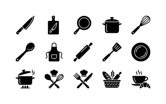 Lets Cook Kitchen Icons, solid glyph icon set featuring chef knife, cutting board, pan, pot, whisk, spoon, apron, rolling pin, spatula, plate, covering cooking, kitchen decor, restaurant, bakery,
