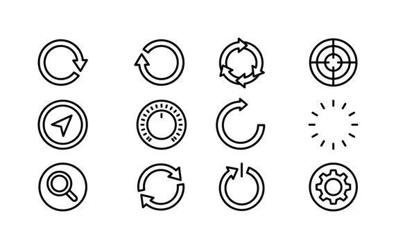 Circular Interface Elements, line icon set featuring circular arrow, target, reload, refresh, reset, progress ring, connection loop, directional circle, covering circular controls, navigation,