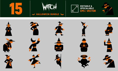 Fototapeta premium A collection of fifteen different cartoon witch characters in various poses for halloween themed graphic design projects