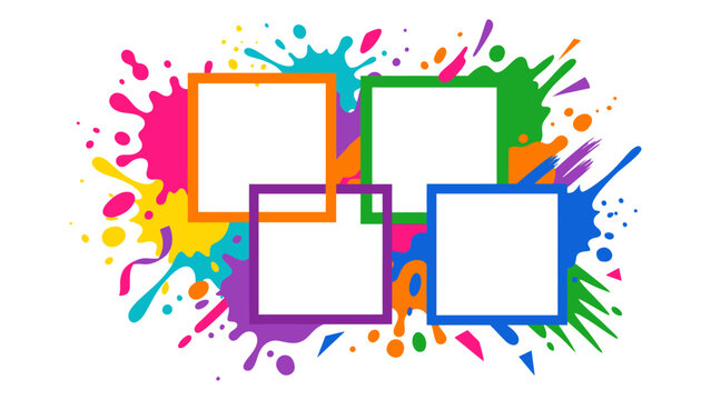 Four overlapping empty square frames on a colorful paint splash graphic background with artistic bor