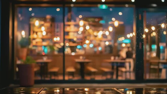 Paris, France, Europe. A nighttime scene of a restaurant or cafe. The main subject is a window with a view of the interior. The window is framed by a dark frame and is illuminated by warm.