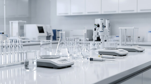 Laboratory workbench with glass beakers, erlenmeyer flasks, digital scales, and micropipettes in a bright, white medical research facility