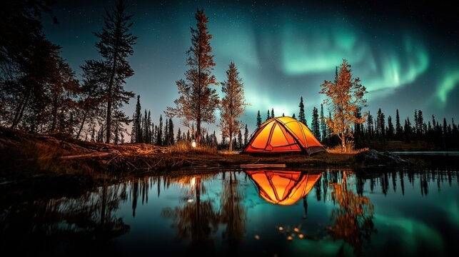  night photograph, cozy illuminated premium camping tent beside a crystal-clear Arctic lake, spectacular emerald and turquoise Northern Lights filling the sky