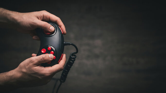 Engaged hands skillfully hold and maneuver a vintage-inspired video game controller, capturing the essence of retro gaming and digital entertainment against a dark, atmospheric backdrop