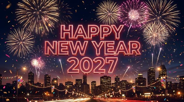 Festive city skyline with bright fireworks celebrating the arrival of new year day in the year 2027