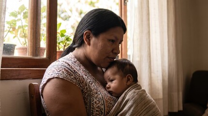 Obraz premium Mother holds baby near window light