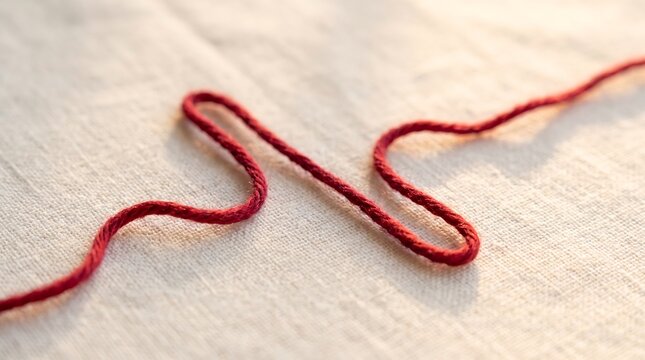Red Wool Thread Arranged In A Heartbeat Pulse Wave Pattern On A Textured Fabric Surface Represents Vitality And Life Connection Concept