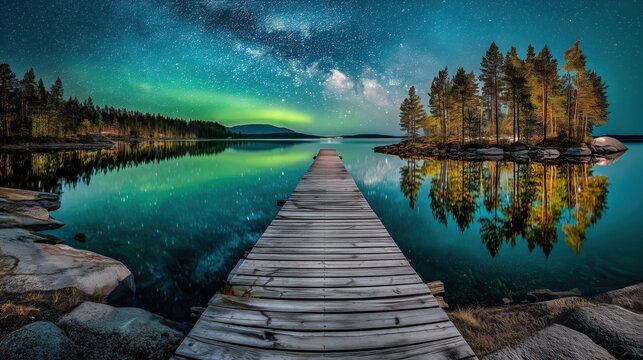 Luxury fine art landscape photography, ultra-realistic professional photograph of a rustic wooden pier extending into a crystal-clear turquoise mountain lake
