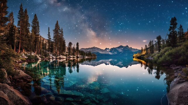 landscape photography, crystal-clear turquoise alpine lake reflecting the brilliant Milky Way, majestic pine forest framing the shoreline