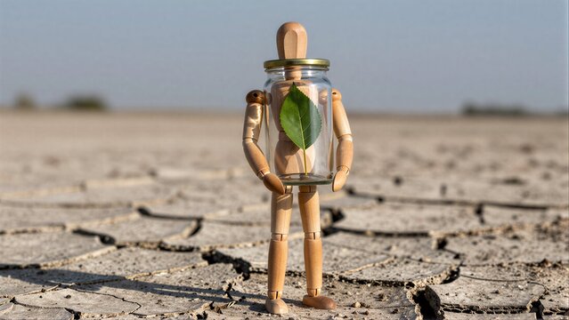 Wooden figure holds leaf in jar, standing on cracked dry earth.