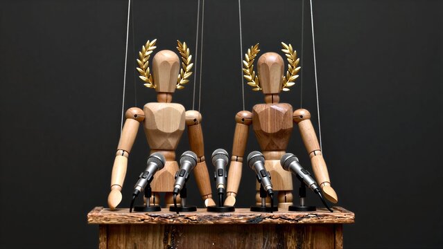 Wooden puppets with laurels stand behind microphones, symbolizing controlled public figures.
