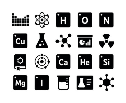 Periodic Table Science &mdash; solid glyph icon set with 20 fully filled black science glyph icons in a 5x4 layout showing periodic table grid, atom, hydrogen tile, oxygen tile, nitrogen tile, copper symbol