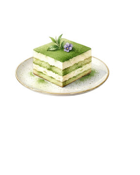 Watercolor illustration of matcha tiramisu cake slice and tea set ingredients isolated