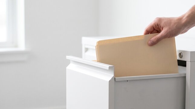 Hand pulling manila folder from filing cabinet drawer in bright white office for professional document management and record keeping