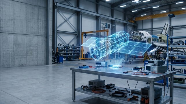 Satellite hologram in aerospace engineering hangar for futuristic spacecraft manufacturing and digital twin technology research in industrial laboratory environment