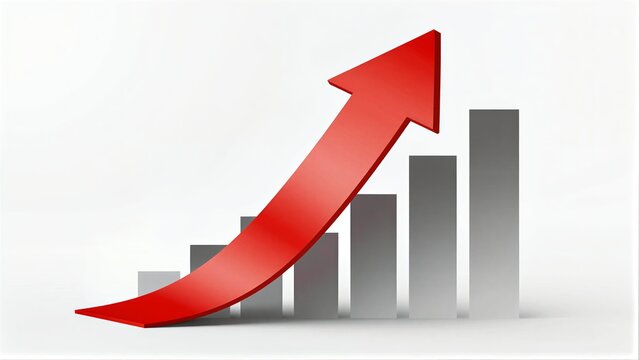 Red arrow soaring above gray bars, symbolizing upward growth and positive trends.