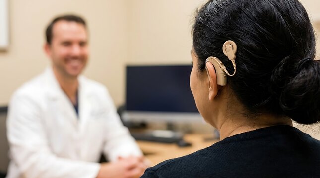 Patient wearing a bone conduction hearing aid during a consultation