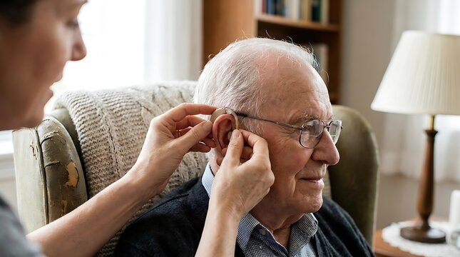 Caregiver helping senior man adjust hearing aid