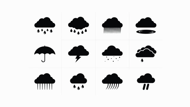 Various weather cloud icons depicting rain and storm conditions in minimalist black with precipitation weather phenomena symbols with symbols