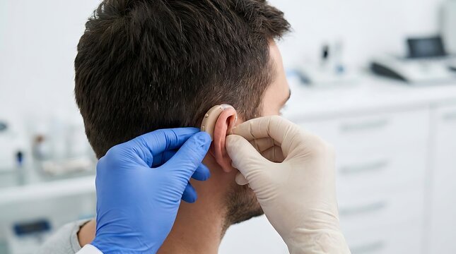 Audiologist fitting a hearing aid on a patient