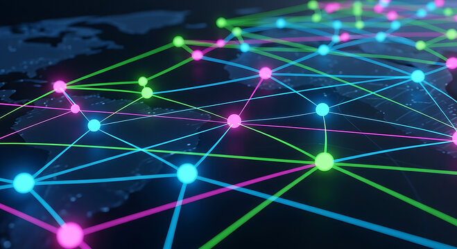 Abstract digital network data visualization with glowing nodes and connections.