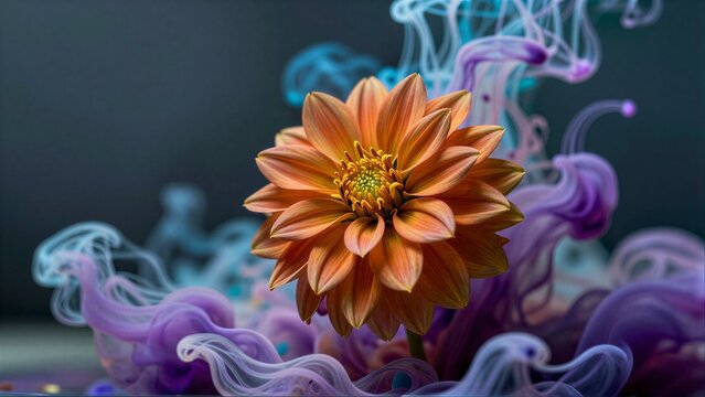 Vibrant orange flower blooms against swirling purple and blue ink clouds.