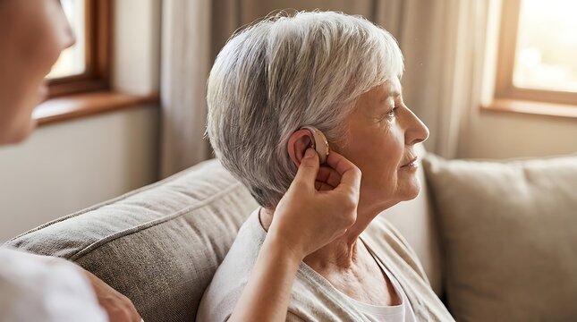 Caregiver fitting a hearing aid for an elderly woman