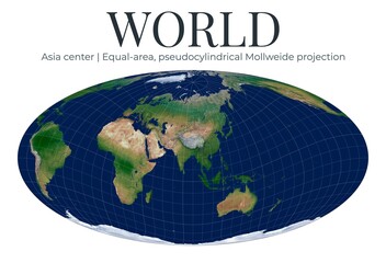 World Map. Mollweide projection. Equal-area, pseudocylindrical view centered on Asia. High detail physical map of the Earth. © Eugene Ga